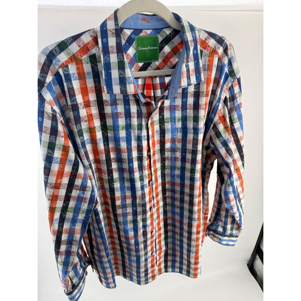 Tommy Bahama Mens Multicolor Gingham Paisley Long Sleeve Button Down Shirt
